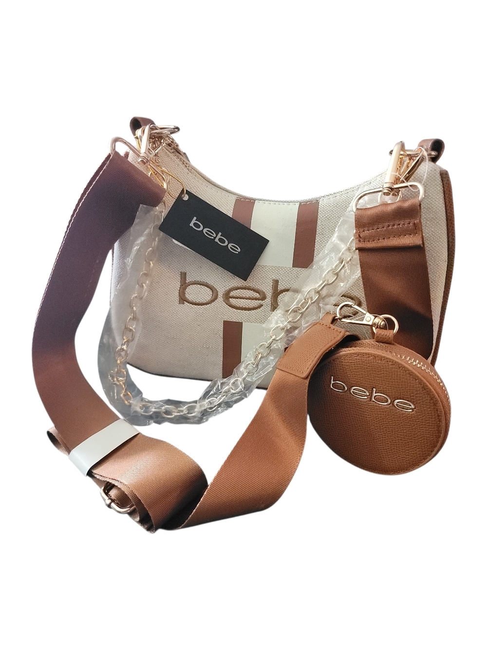 bebe Cream and Brown Canvas Shoulder Bag with Round Coin Pouch